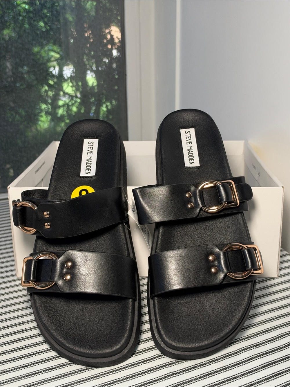 Marshalls Black Double-Band Slide Sandals with Gold Buckles
